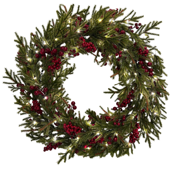 GreenBrokers Pre-Lit Christmas Wreath with Pine Foliage & Red Berries D1336
