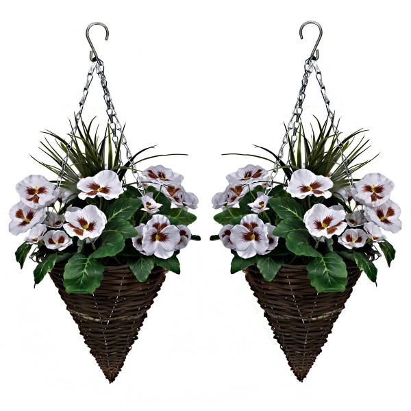 Artificial White Pansy Cone Shaped Rattan Hanging Basket (Set of 2)