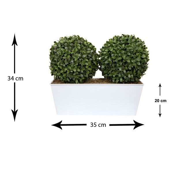 Artificial Topiary Double Ball Aglaia Boxwood in White Slanted Tin Window Box 35cm/14in - GB1057