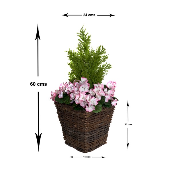 Artificial Pink Geranium Rattan Patio Planters 60cm/24in (Set of 2) - GB1257