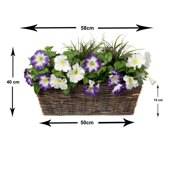 Artificial Purple & White Petunia Rattan Window Box 58cm/23in - GB1197