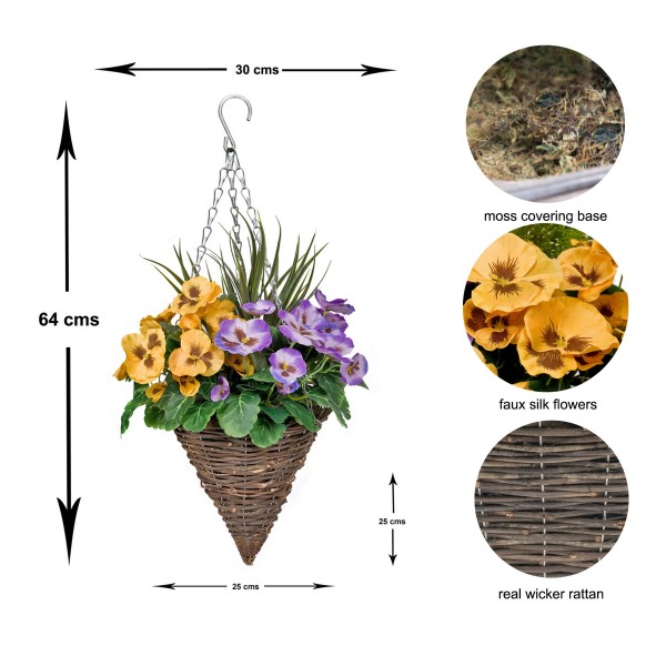 Artificial Purple & Yellow Pansy Cone Shaped Rattan Hanging Basket (Set of 2) - GB1009