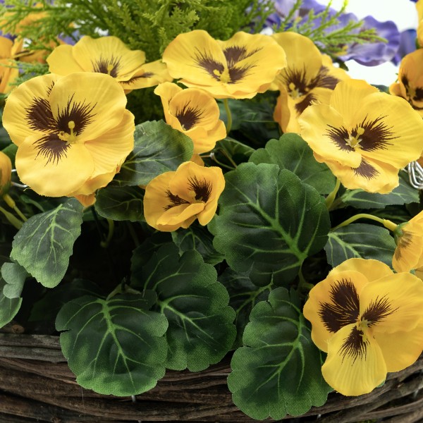 Artificial Purple & Yellow Pansy Round Rattan Hanging Basket 40cm/16in