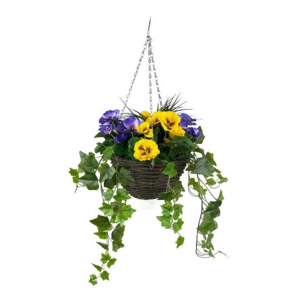 Artificial Purple & Yellow Pansy Hanging Basket with Ivy Vine (25cm) - A1451-GB