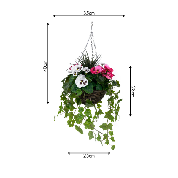 Artificial Pink and White Pansy Hanging Basket with Ivy (25cm) - A1452-GB