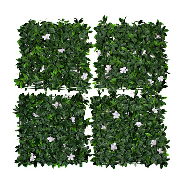 Artificial Green Wall Hedge with Dark Leaf Foliage and White Flowers Pack of 4 x 50cm/20in - GB1136