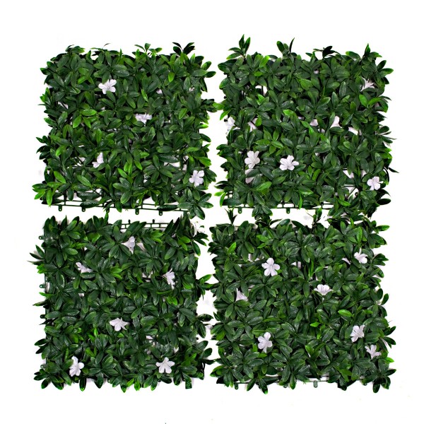 Artificial Green Wall Hedge with Dark Leaf Foliage and White Flowers Pack of 4 x 50cm/20in
