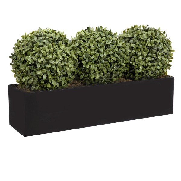 Artificial Topiary Triple Ball Aglaia Boxwood in Black Straight Tin Window Box 54cm/21in - GB1067
