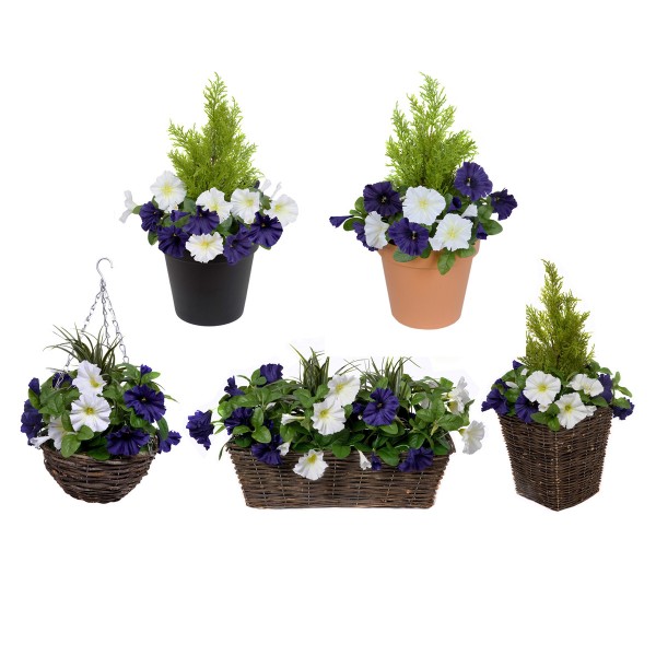 Artificial Dark Purple & White Petunia Rattan Patio Planters 60cm/24in (Set of 2)