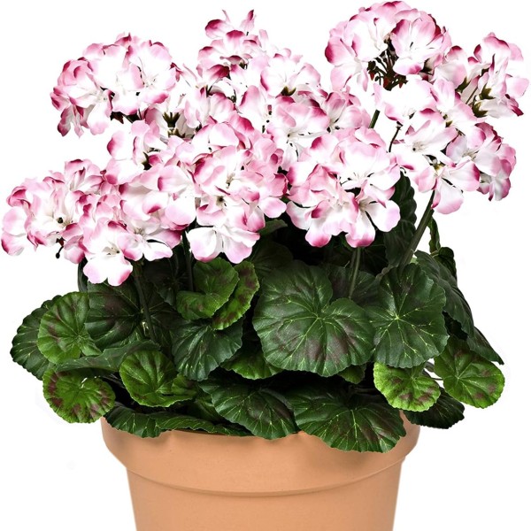 Artificial Terracotta Patio Planter with Pink and White Geraniums 50cm/20in - A1085