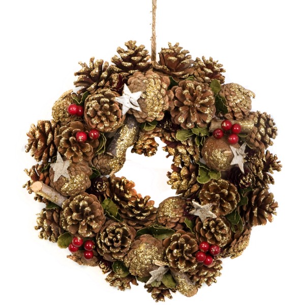 GreenBrokers Christmas Wreath 30cm Gold Pine Cones Red Berries Festive Decor D1236