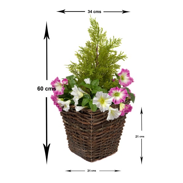 Artificial Pink & White Petunia Rattan Patio Planters 60cm/24in (Set of 2) - GB1192