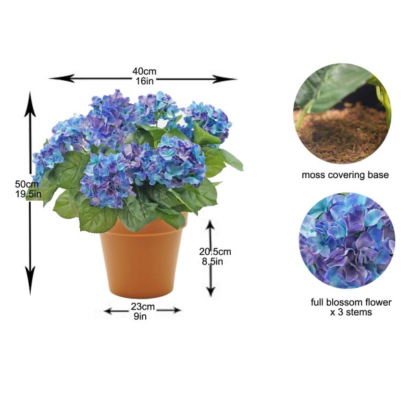 Artificial Blue Hydrangea in Terracotta Pot 50cm/20in - GB1307