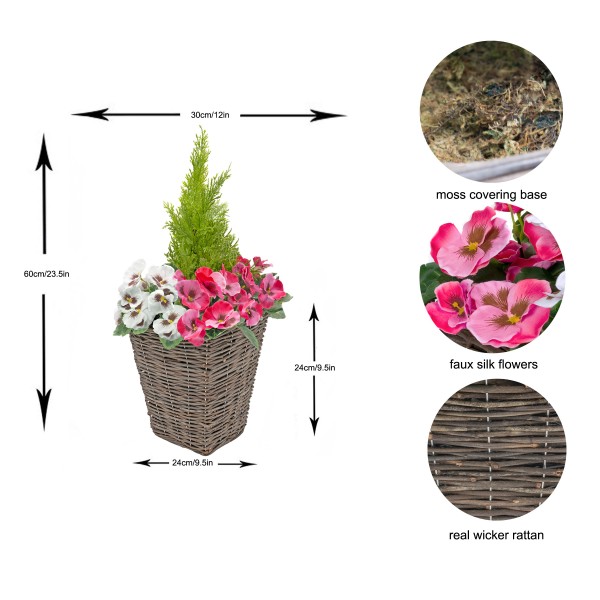Artificial Pink & White Pansy Rattan Patio Planter 60cm/24in (Set of 2) - GB1015