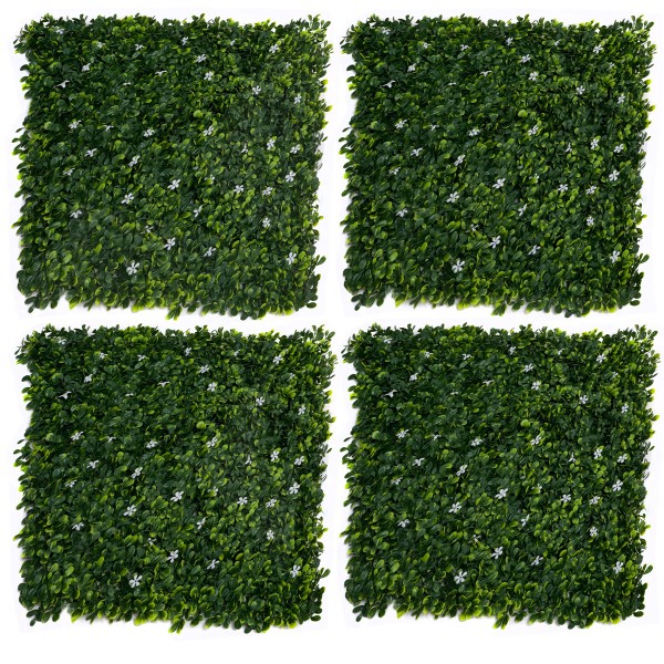 Artificial Green Wall Hedge with Green Leaf Foliage and Small White Flowers Pack of 4 x 50cm/20in - GB1268