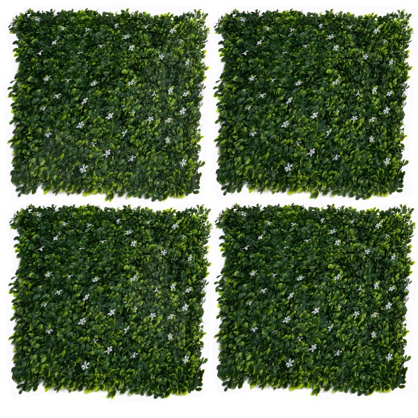 Artificial Green Wall Hedge with Green Leaf Foliage and Small White Flowers Pack of 4 x 50cm/20in