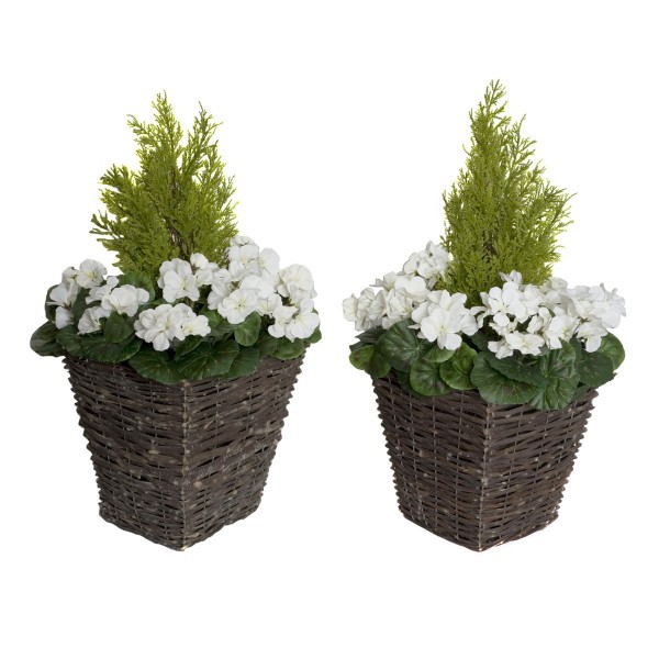 Artificial White Geranium Rattan Patio Planters (Set of 2) 60cm/24in - GB1259