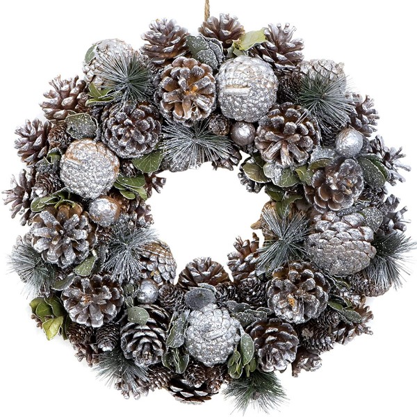 Christmas Hanging Wreath Festive Silver Display with Pine Cones 38cm