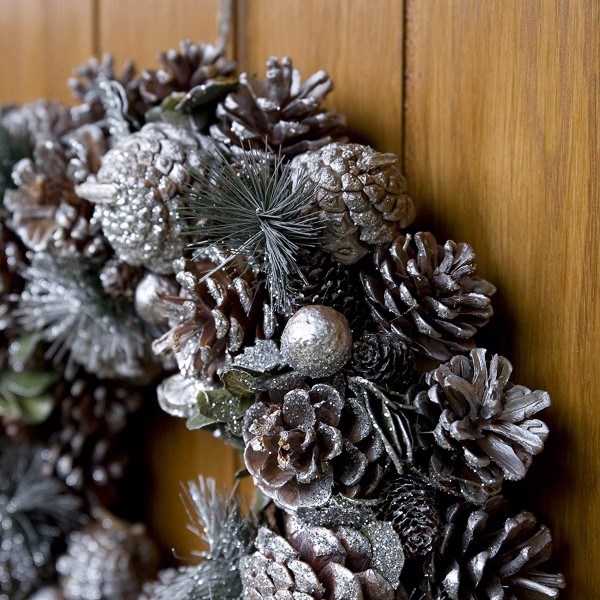 Christmas Hanging Wreath Festive Silver Display with Pine Cones 38cm