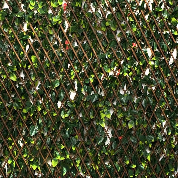 Artificial Expanding Green Wall Willow Trellis Fence with Green Foliage and Red Flowers (1m x 2m) - A1262