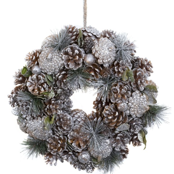GreenBrokers Christmas Wreath 30cm Silver Pine Cones Fir Sprigs & Baubles D1230