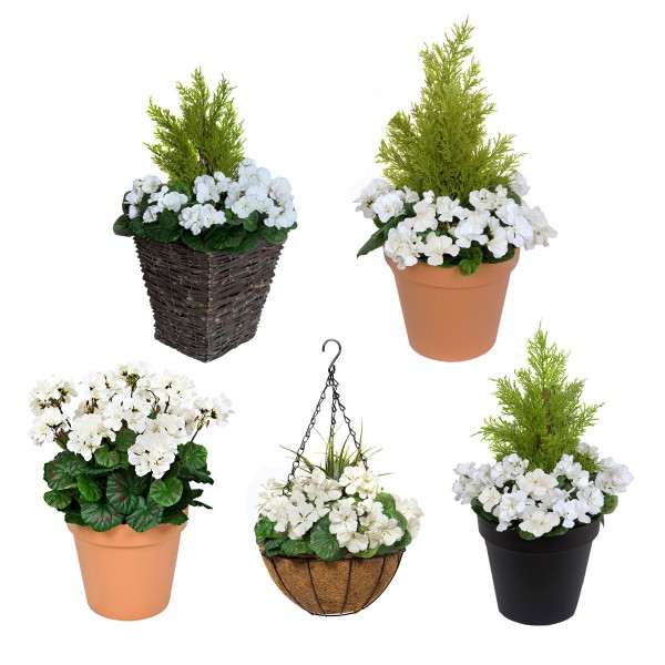 Artificial White Geranium Terracotta Patio Planter 50cm/20in - A1084