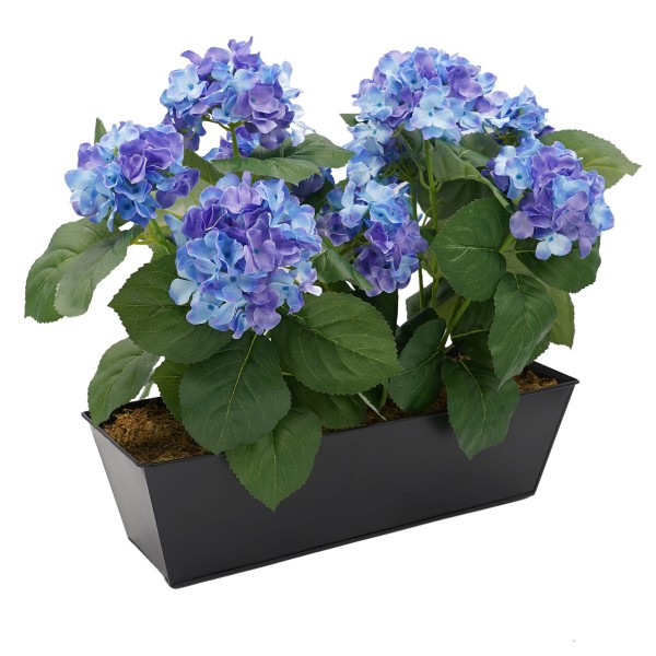 Artificial Blue Hydrangea in Black Metal Window Box