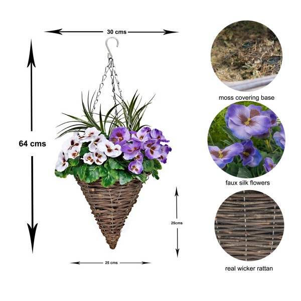 Artificial Purple & White Pansy Cone Shaped Rattan Hanging Basket (Set of 2) - GB1011