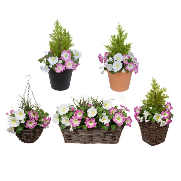 Artificial Pink & White Round Rattan Petunia Hanging Baskets  (Set of 2) - A1184