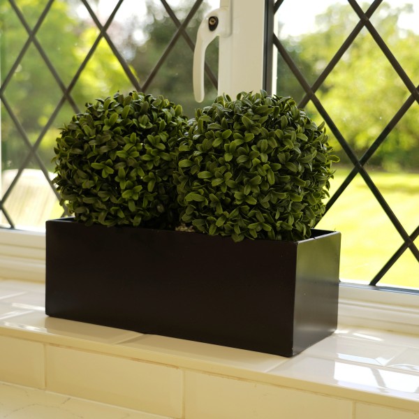 Artificial Topiary Double Ball Aglaia Boxwood in Black Straight Tin Window Box 35cm/14in - A1071-GB