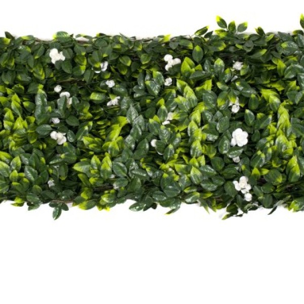 Artificial Expanding Green Wall Willow Trellis Fence with Green Foliage and White Flowers (1m x 2m) - A1150