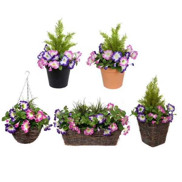 Artificial Pink & Purple Round Rattan Petunia Hanging Baskets (Set of 2)